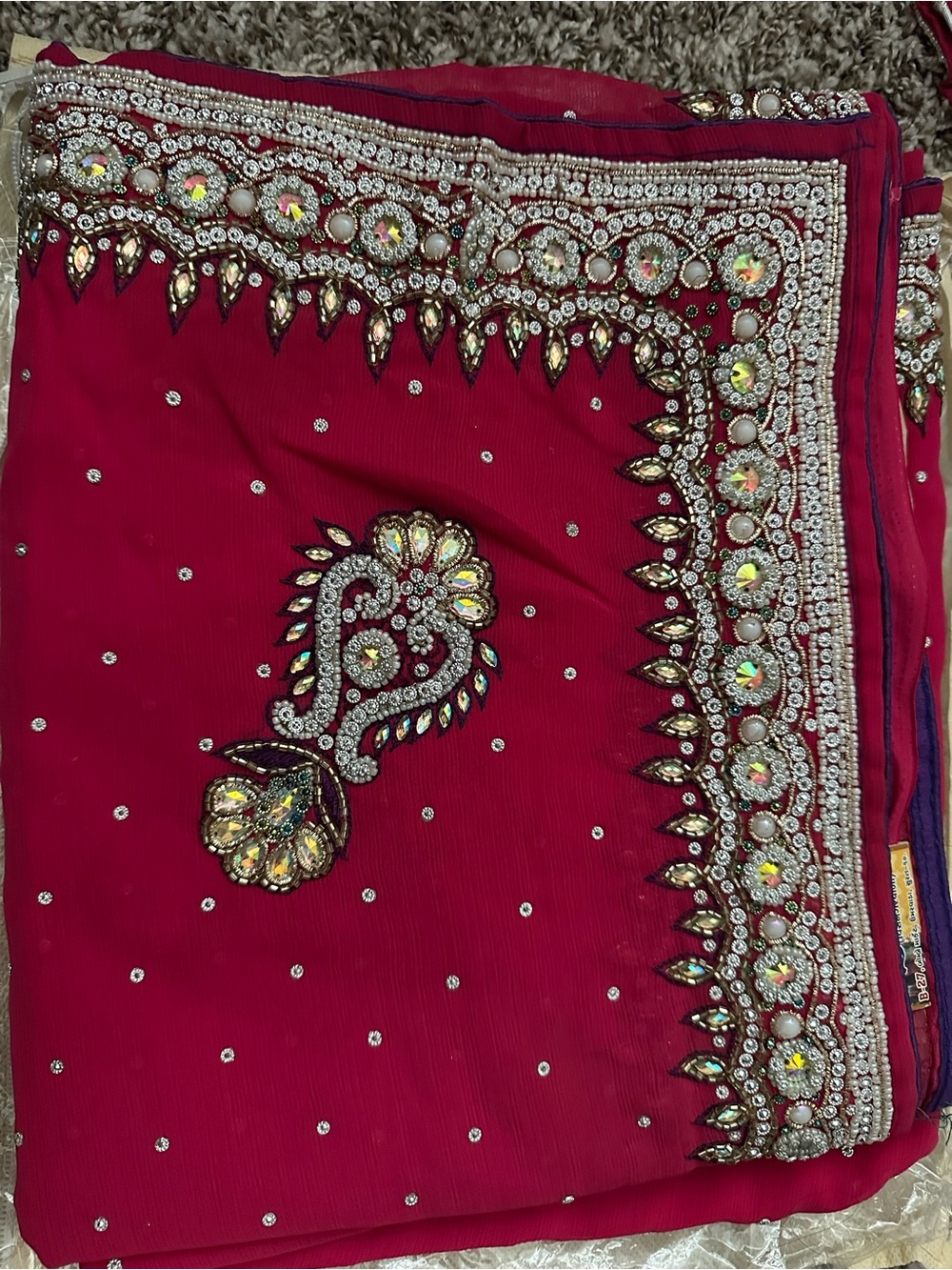 Embellished Ruby Red Saree Panel with Mirror Work